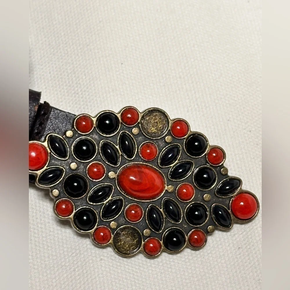 Artisan BELT Leather Braided M Brown Adjustable jeweled Red Gem Buckle 5484 Y